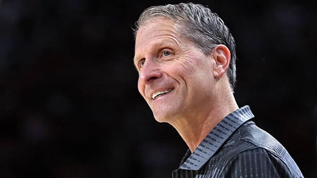 Arkansas Razorbacks coach Eric Musselman reacts during the second half against the San Jose State Spartans at Bud Walton Arena. Arkansas won 99-58.